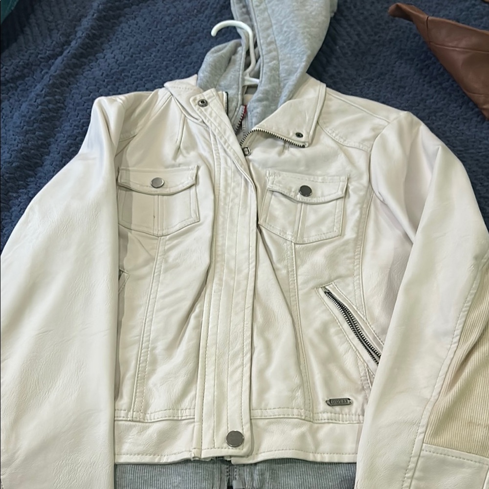 White Faux Leather Jacket with Hoodie